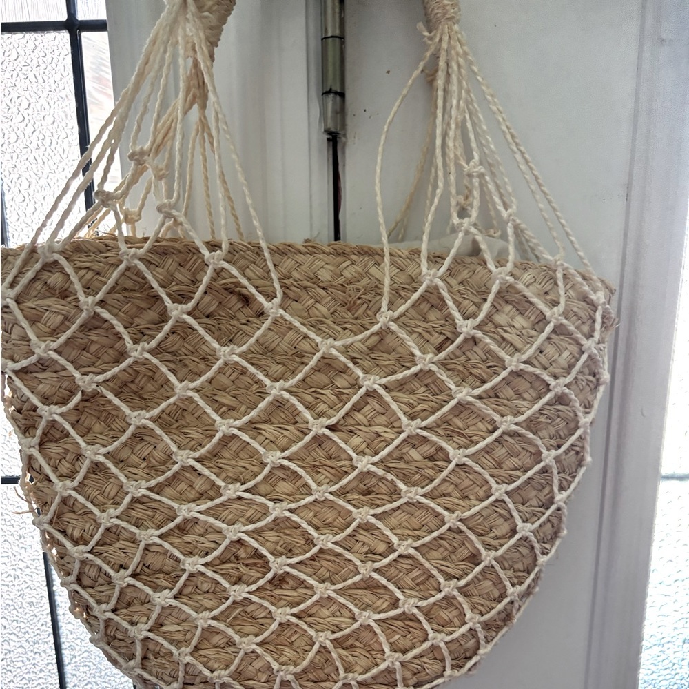 Woven Straw Tote Bag with Cream Netting